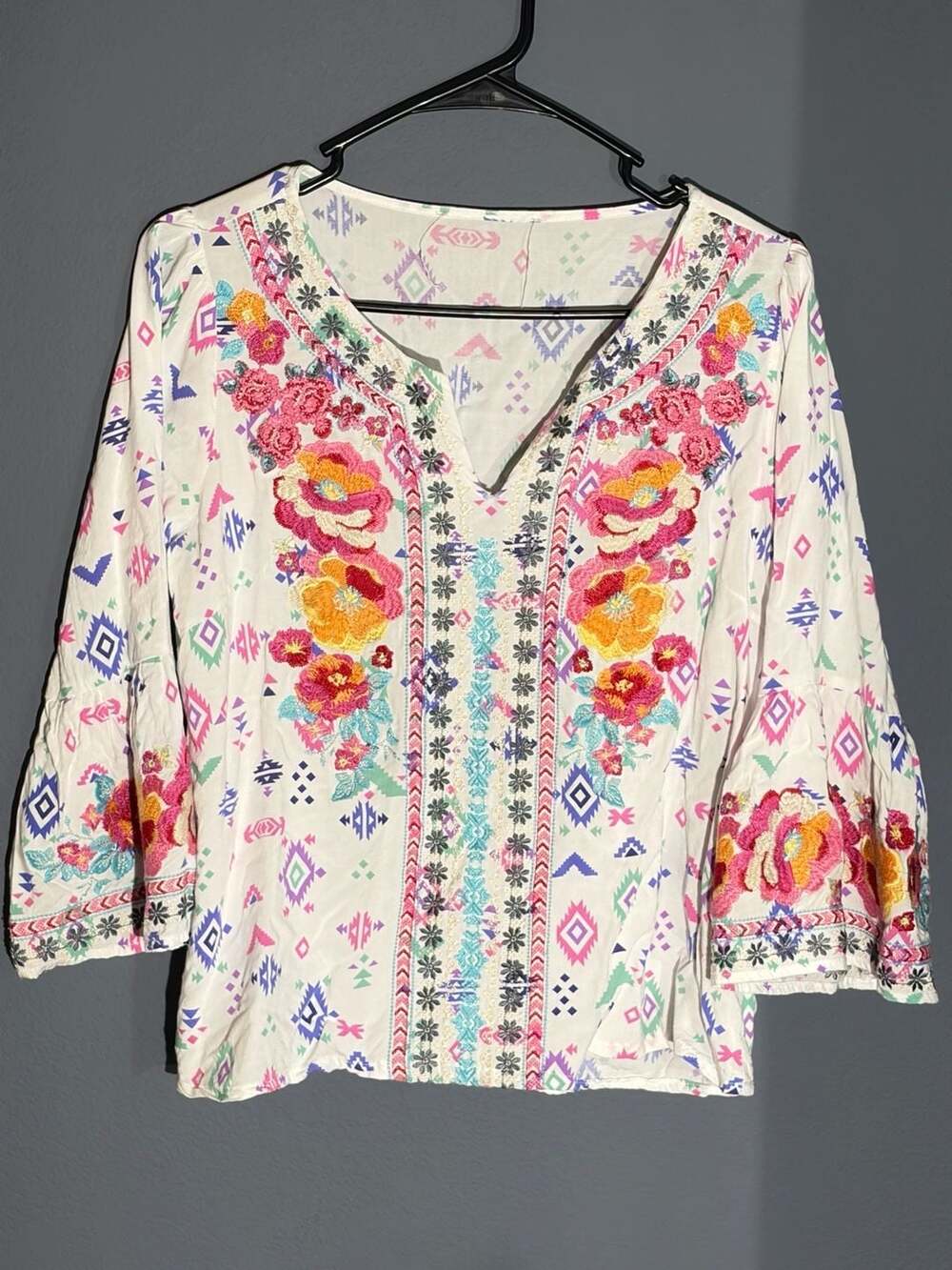 Savanna Jane Floral Embroidered Geometric Boho Aztec Floral Blouse